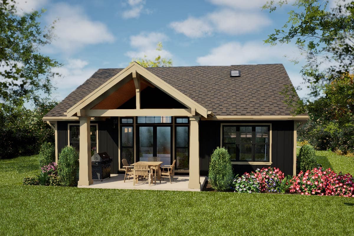 House plan exterior: One-story modern design with a covered patio, large windows, and exposed rafter tails under a gable roof.