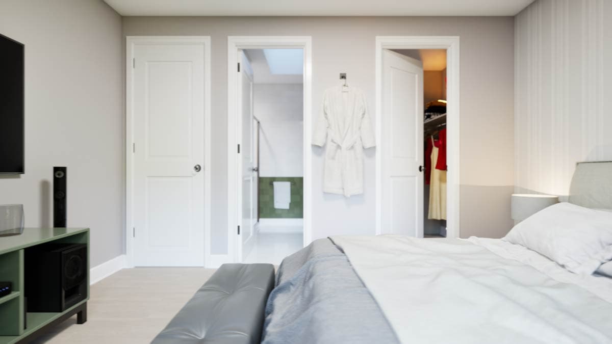 Interior rendering of a bedroom with a white bed, closet, and adjoining bathroom with green tile.