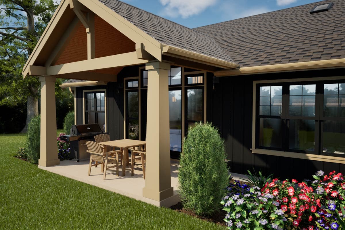 House plan exterior: Single-story Modern Farmhouse with covered porch, large windows, and exposed rafter tails.