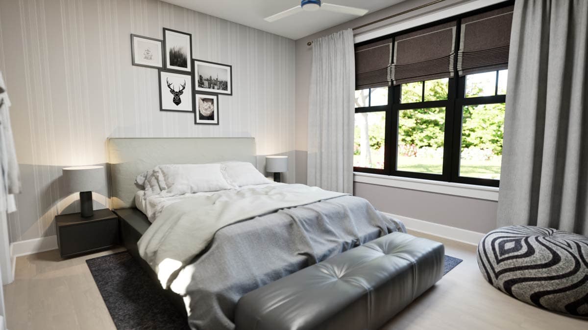 Bedroom interior rendering with king bed, bedside tables, framed art on striped wallpaper, and large window with garden view.