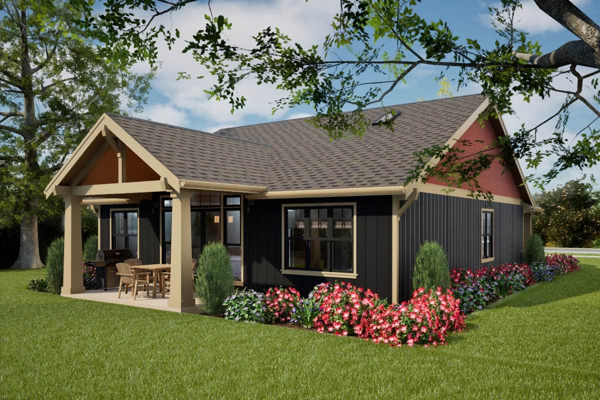 House plan exterior: Modern Farmhouse style with covered porch, gable rooflines, and dark vertical siding.