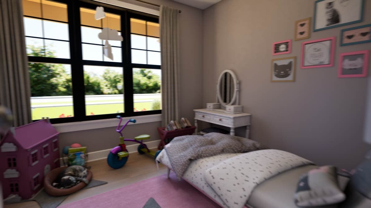 Interior rendering of a child's bedroom with a twin bed, dresser, and large window overlooking a grassy yard.