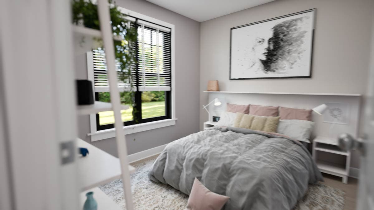 Bedroom rendering with large window, wall art, bed, and shelf.