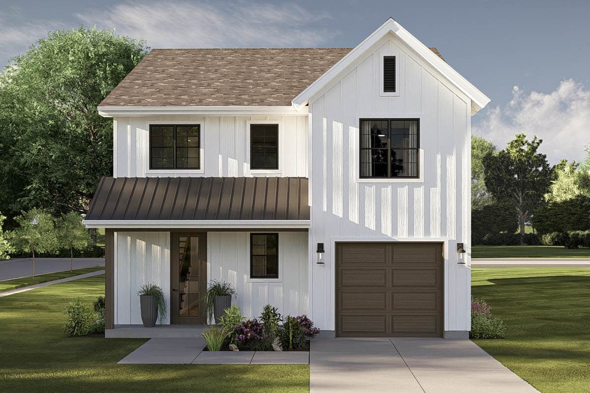 House plan exterior in a two-story Modern Farmhouse style. Features include a metal roof over a porch, gabled roof, and attached garage.
