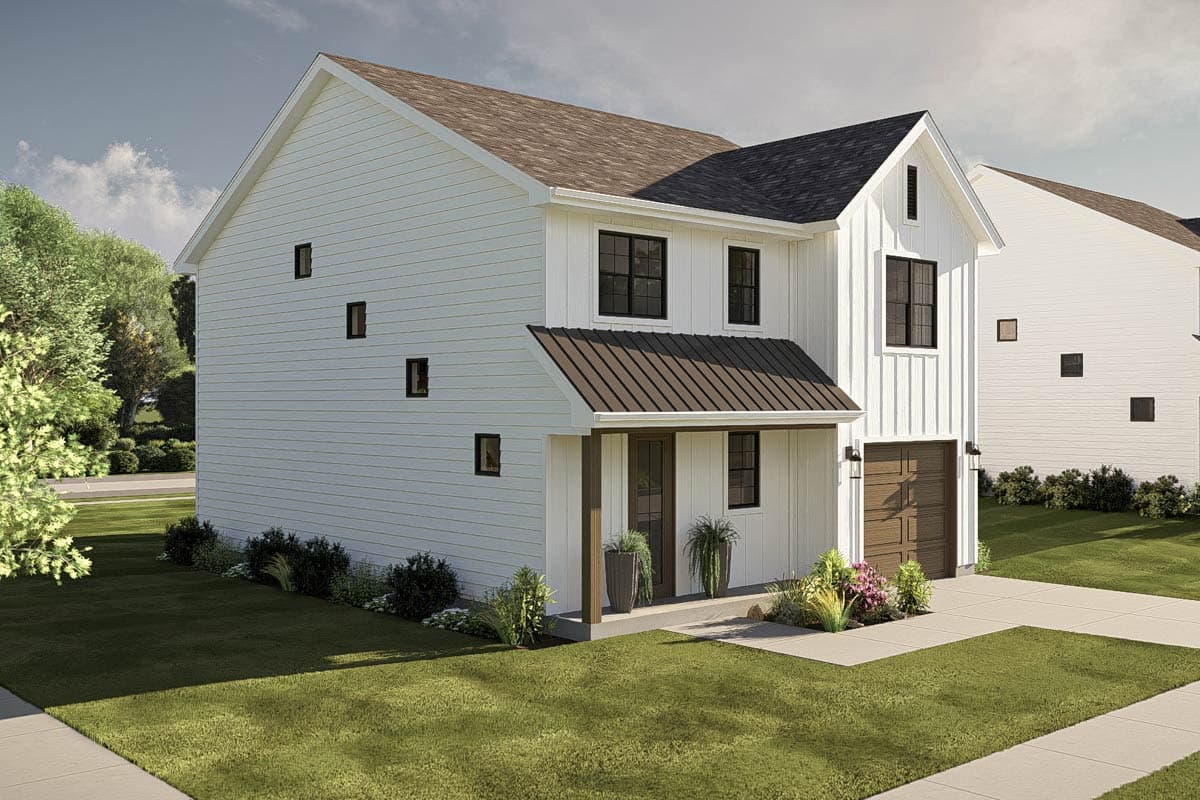 Modern Farmhouse two-story house plan exterior with white vertical siding, metal gable porch roof, and attached garage.