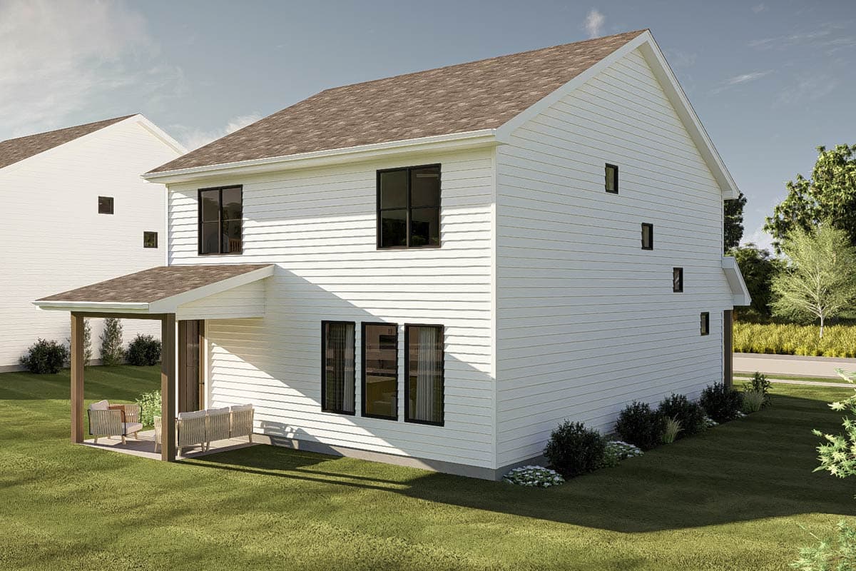 Two-story Modern Farmhouse house plan exterior with white siding, gable roof, covered porch, and dark-framed windows.