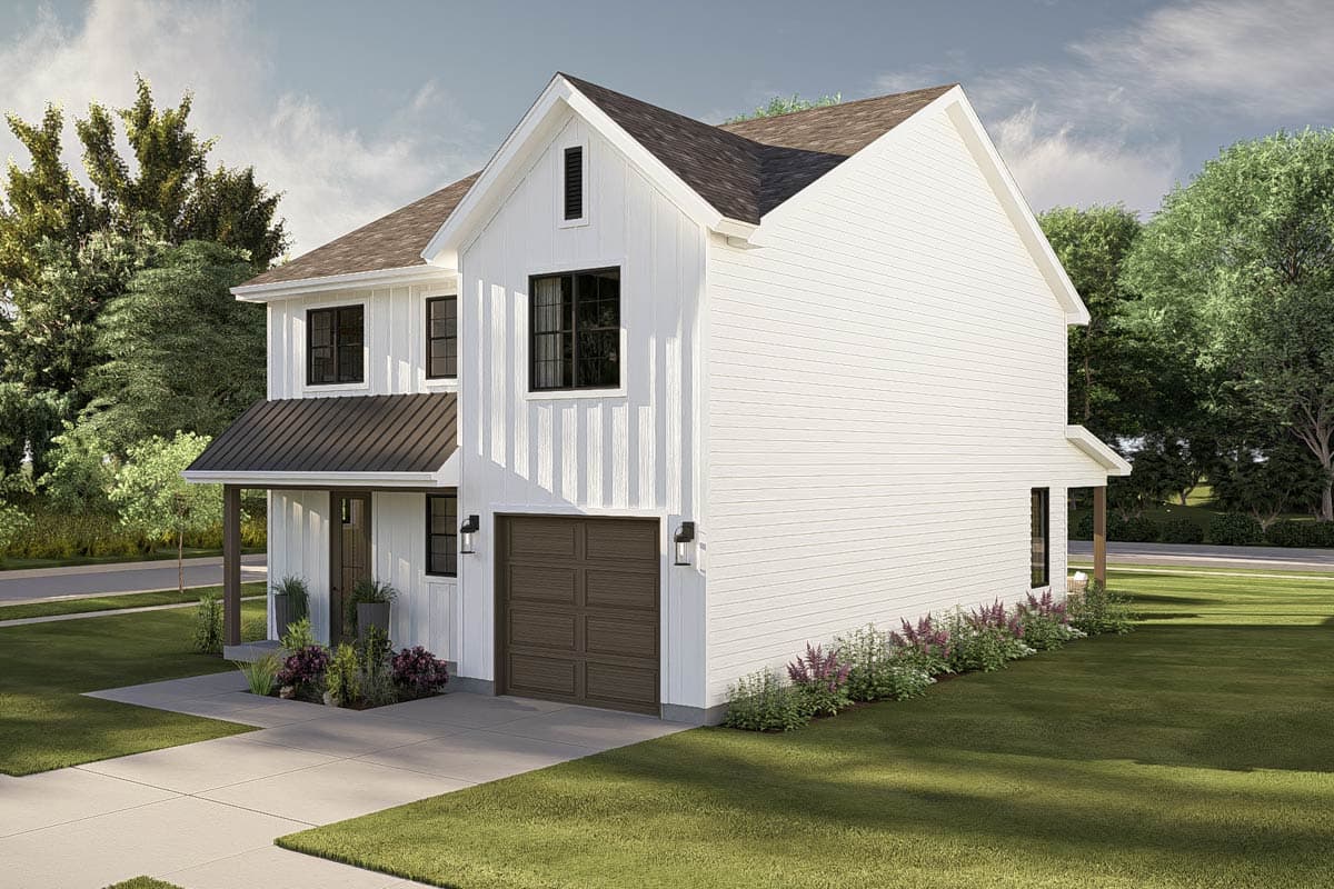 Modern Farmhouse house plan exterior, two stories, covered porch, gable dormer, and attached garage.