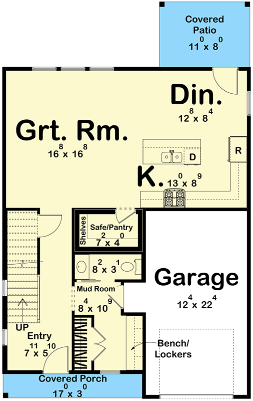 Plan 623533DJ: Modern Farmhouse House Plan with Upstairs Loft and Safe Room** - Floor Plan - Main Level - Farmhouse, Traditional