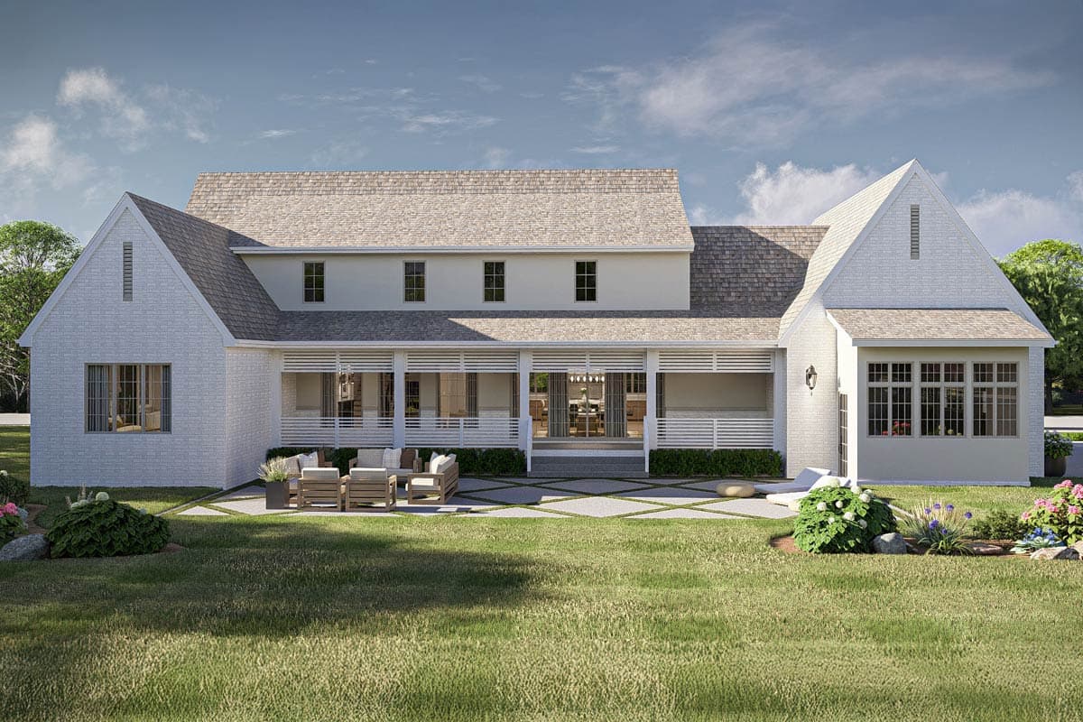 House plan exterior, modern farmhouse style, two stories, white brick, large covered porch, gables, and sunroom.