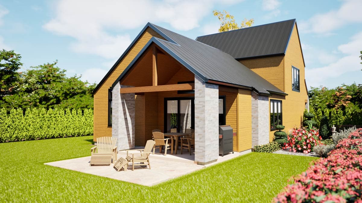 House plan exterior, modern style, gabled roof, wooden siding, covered patio with stone pillars, and outdoor grill.