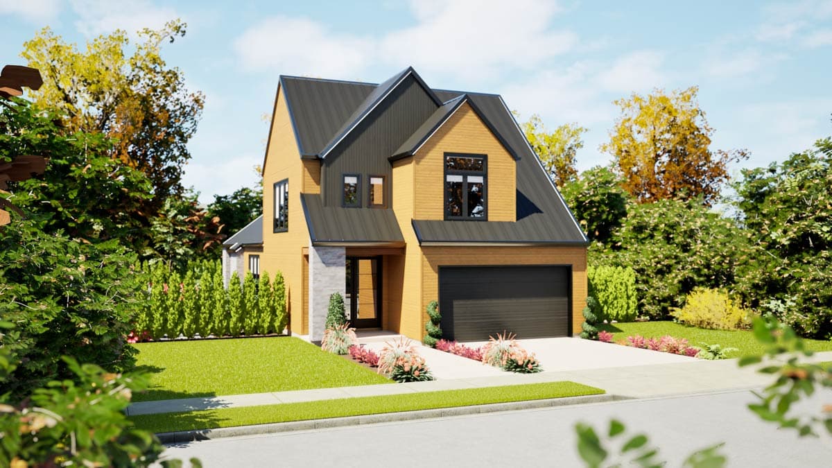 House plan exterior, two-story modern design with a prominent gable roof, wood siding, stone accents, and attached garage.