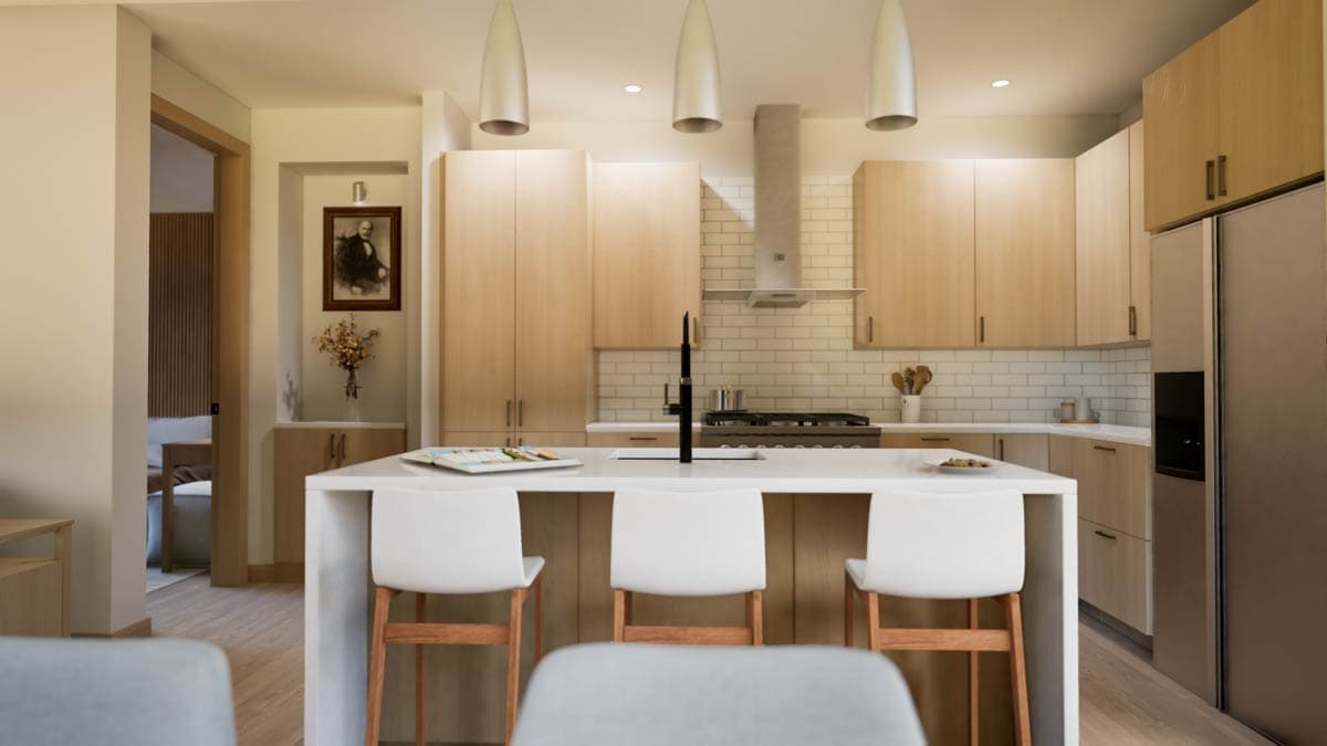 Kitchen interior rendering with light wood cabinets, white subway tile backsplash, large island with seating, and stainless steel appliances.
