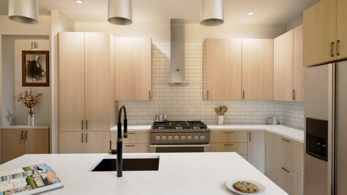 Modern kitchen with light wood cabinets, stainless steel range and hood, subway tile backsplash, and island with sink.