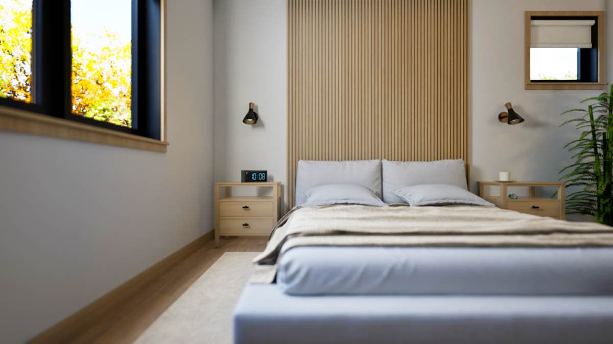 Bedroom with slatted wood accent wall, platform bed, and large window with natural light.
