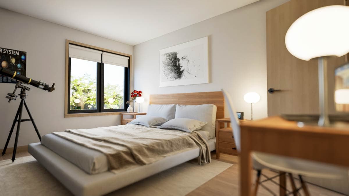 Bedroom rendering with a bed, nightstands, telescope, desk, and large window overlooking trees.