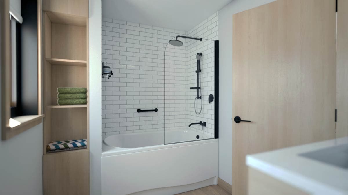 Bathroom rendering with white subway tile, glass shower enclosure, bathtub, and built-in shelving.