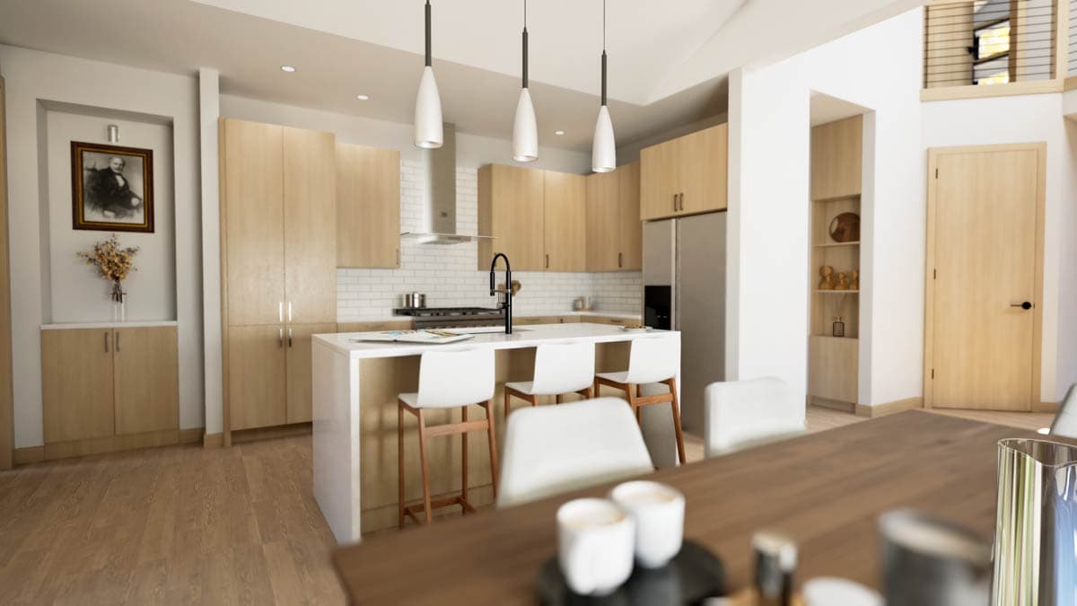Modern kitchen interior with light wood cabinets, white island with bar stools, subway tile backsplash, and stainless steel appliances.