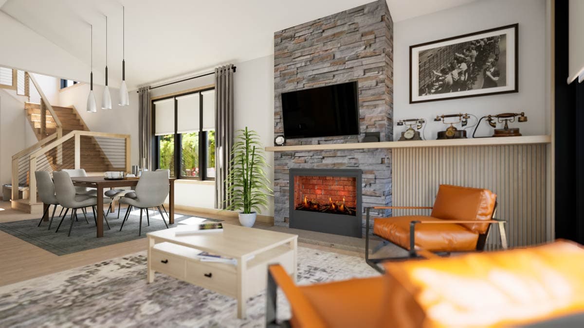 Living room rendering with stone fireplace, dining area, and open staircase.