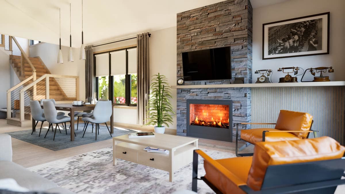 Interior view of open-concept living and dining area with stone fireplace, modern staircase, and dining set.
