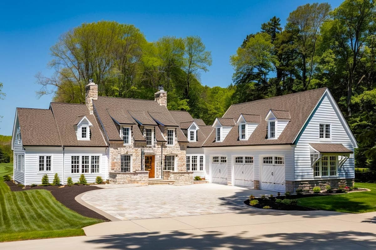 House plan exterior with stone and siding facade, multiple gables, dormers, and a three-car garage. Two-story home with a brick chimney.