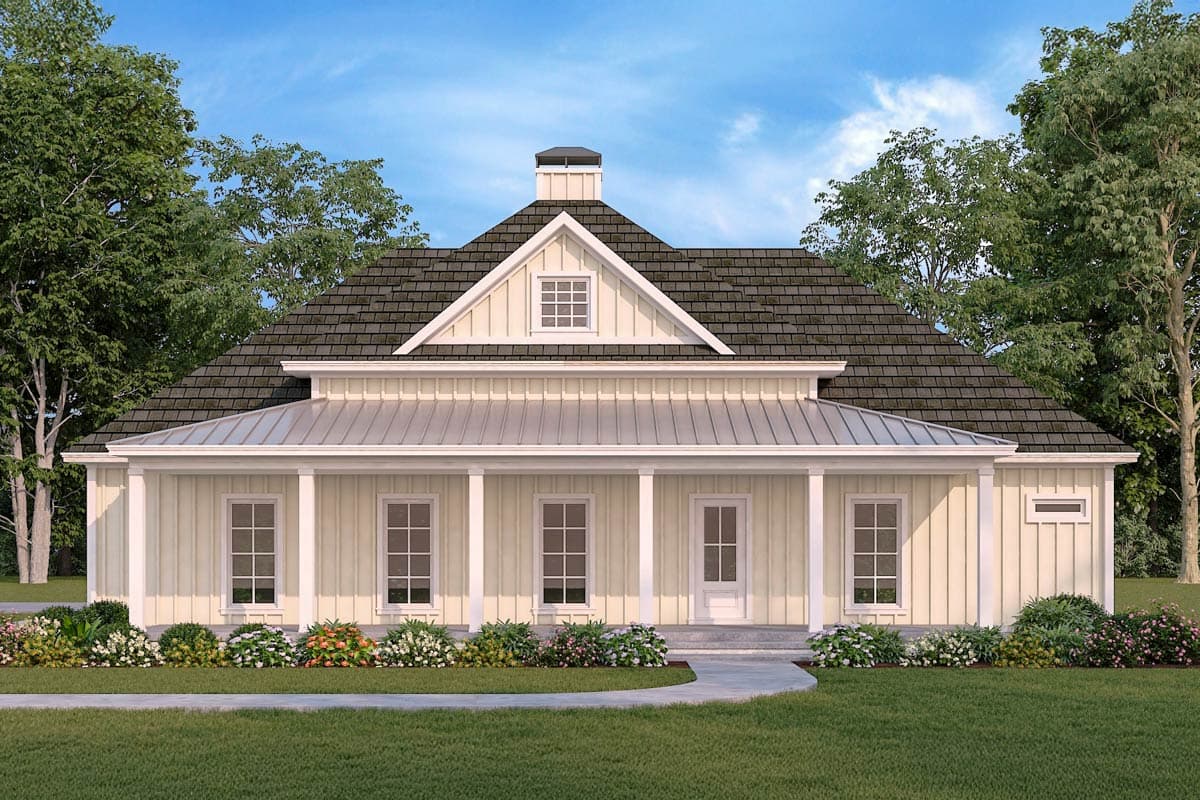 House plan exterior, one story. Features include a front porch with columns, a gable dormer, and a metal roof.