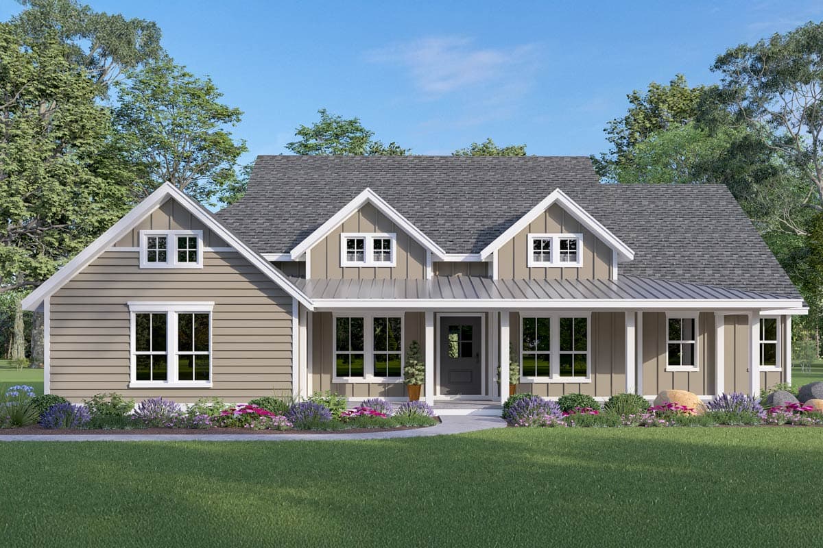 House plan exterior. One-story Modern Farmhouse with gabled roof, porch with metal roof, and multiple dormers. Front entry with sidelights.