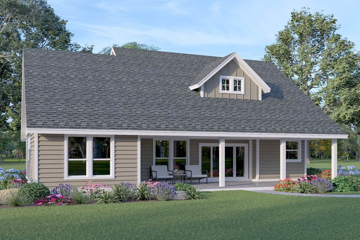 Modern Farmhouse house plan exterior with a covered porch, gables, and dormer window.