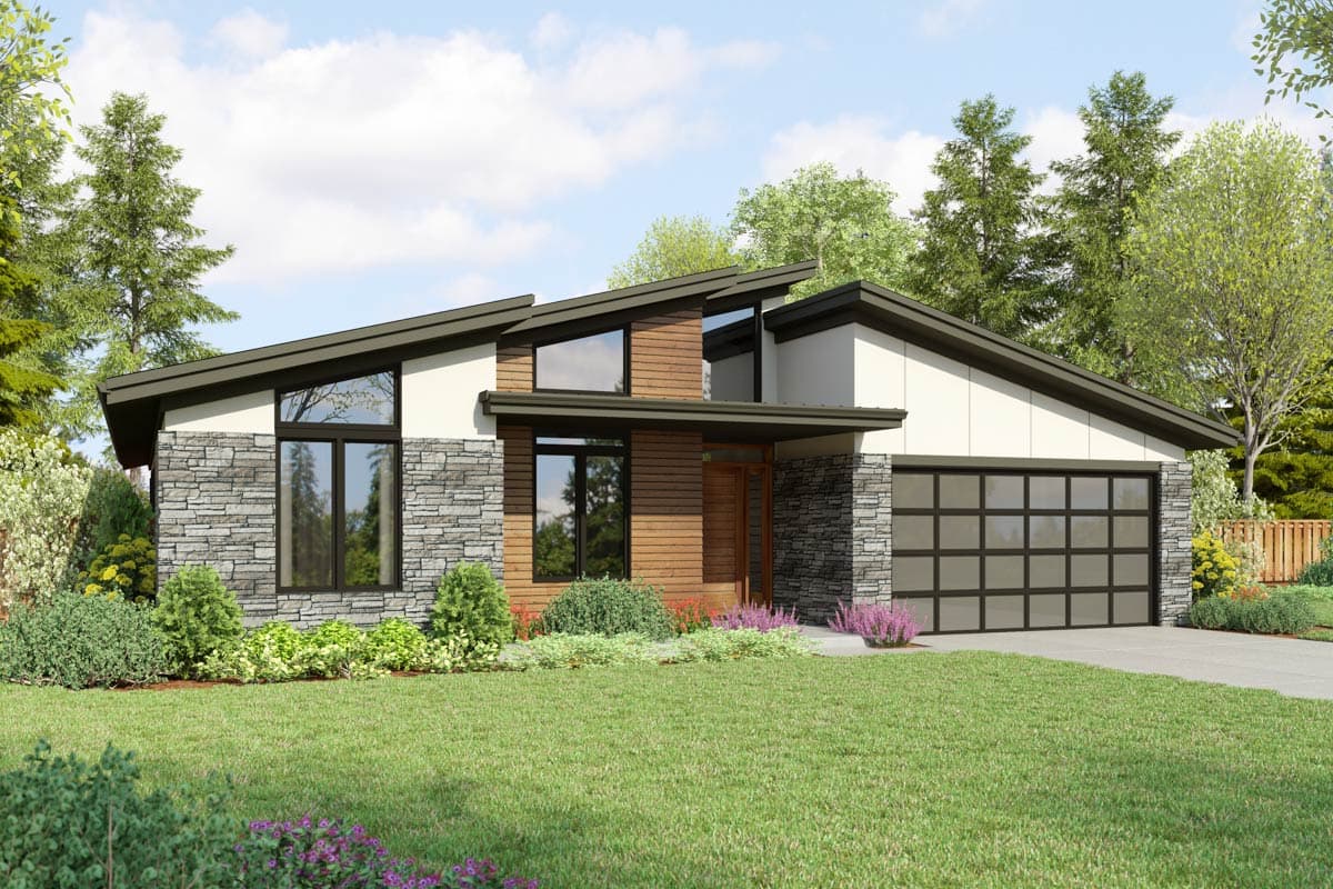 House plan exterior with modern design. Features include a stone facade, angled rooflines, and a covered entryway with wood siding.