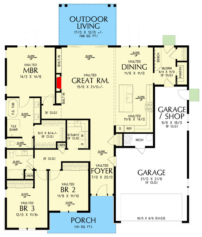 Plan 69906AM: Contemporary Ranch House Plan with Workshop - Floor Plan - Main Level - Contemporary, Ranch