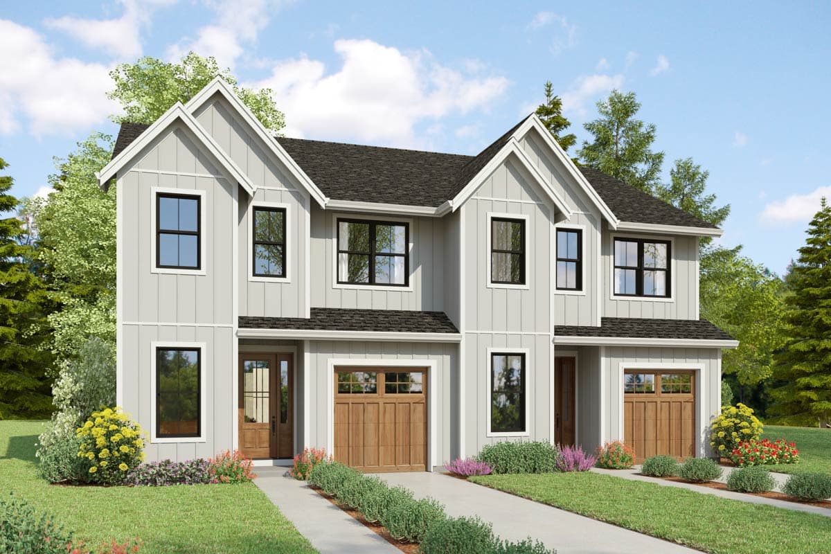 House plan exterior. Two-story Modern Farmhouse style with gabled roof, two-car garage, and vertical siding, with black-framed windows.