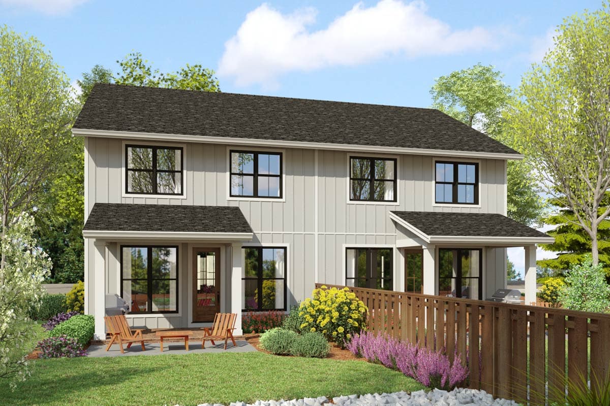 Two-story Modern Farmhouse house plan exterior with vertical siding, gabled roofs, and covered front porches.