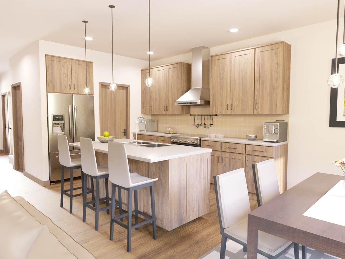 Kitchen rendering with island, stainless steel appliances, wood cabinetry, and pendant lighting.