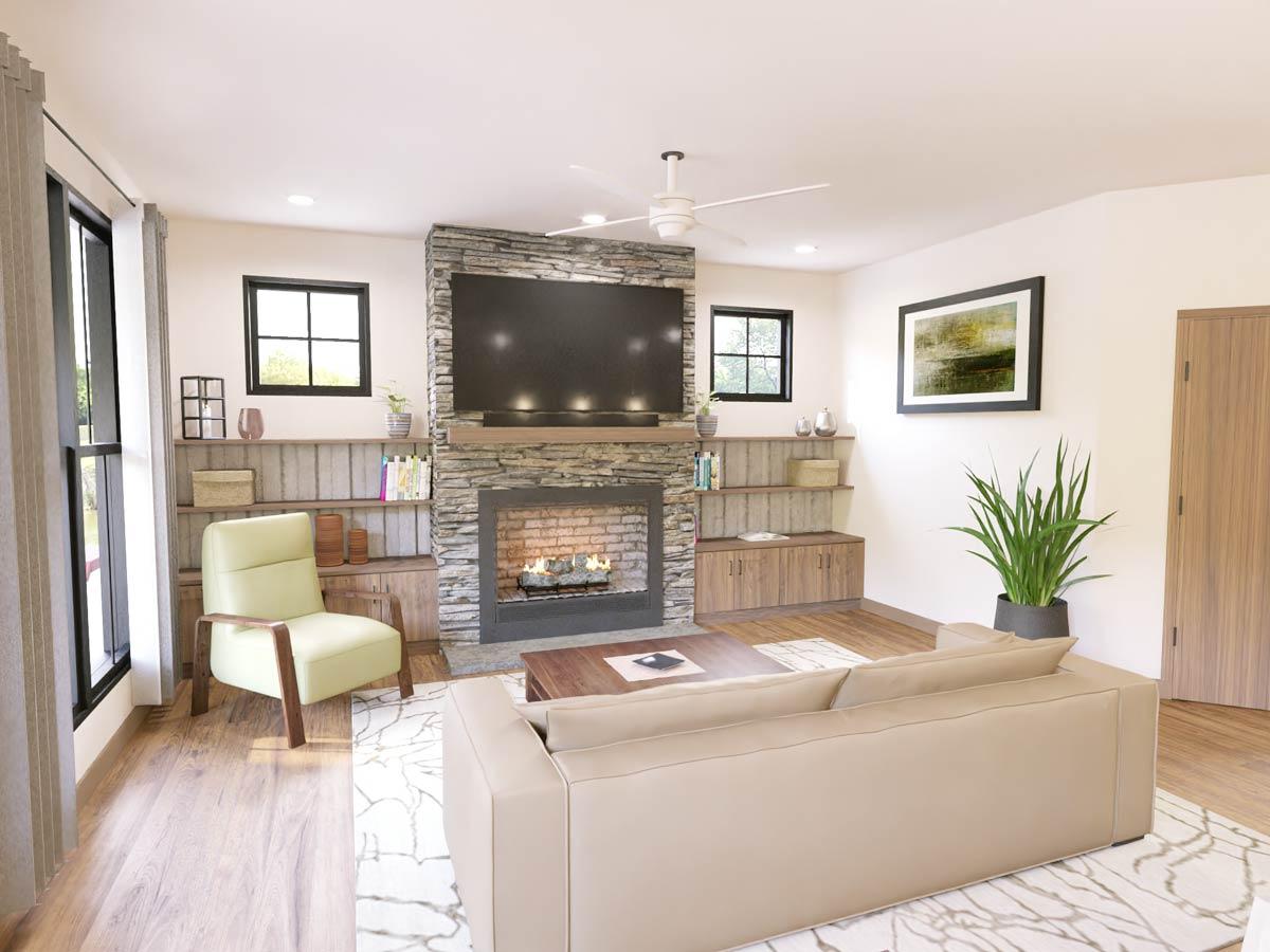 Living room with stone fireplace, built-in shelving, two windows, and sectional sofa. Interior rendering.