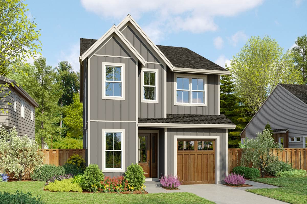 House plan exterior. Two-story Modern Farmhouse with gabled roof, board-and-batten siding, and an attached garage. Windows are double-hung style.