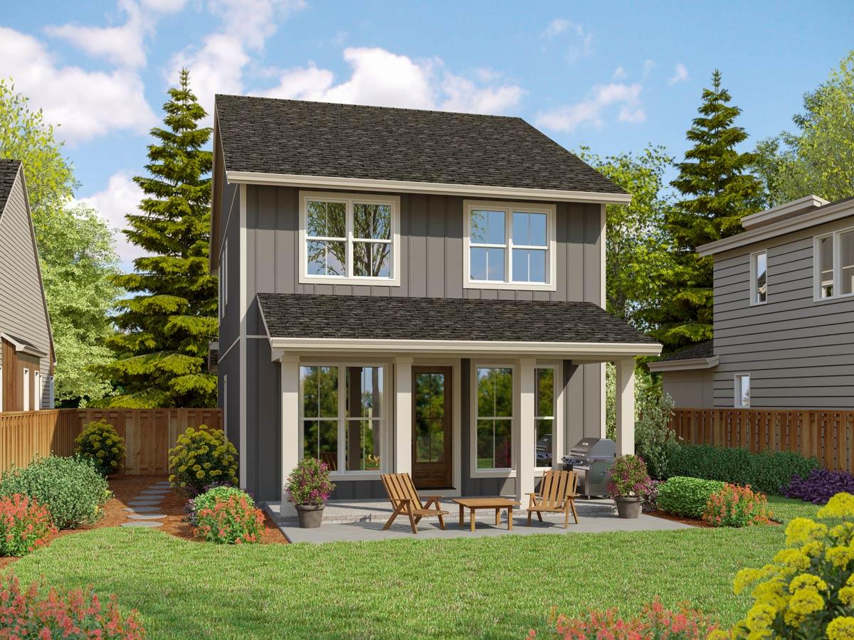 Two-story house plan exterior with a covered front porch, large windows, and board-and-batten siding.