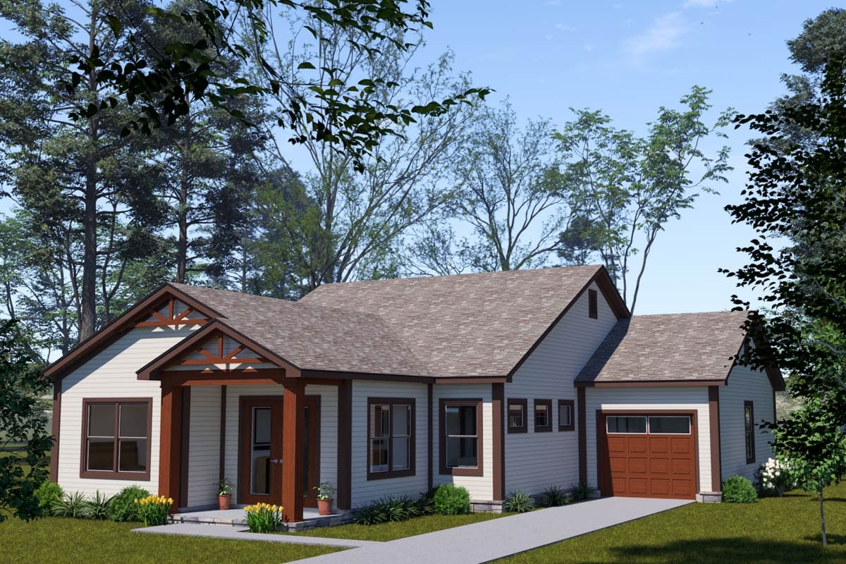 House plan exterior: Ranch style, one story, featuring a covered entry porch with exposed rafter tails and an attached garage.