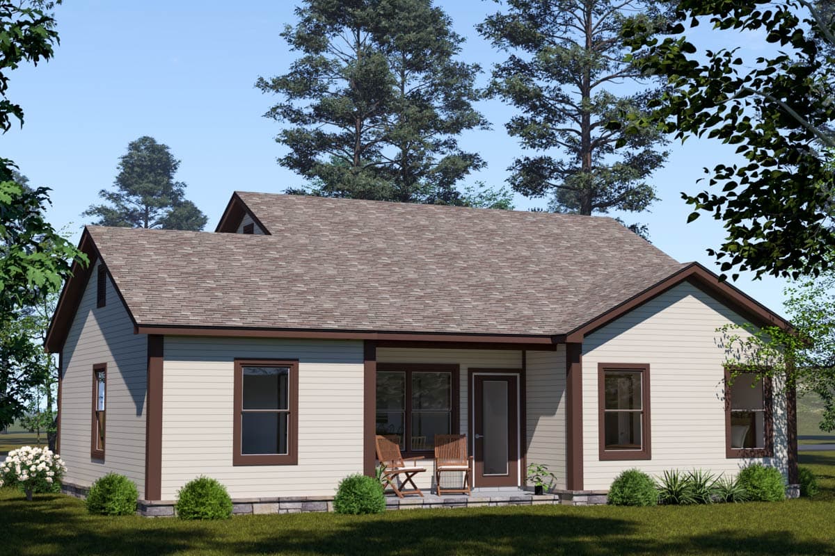 House plan exterior of a one-story home with a gable roof, horizontal siding, and a covered porch with two chairs.