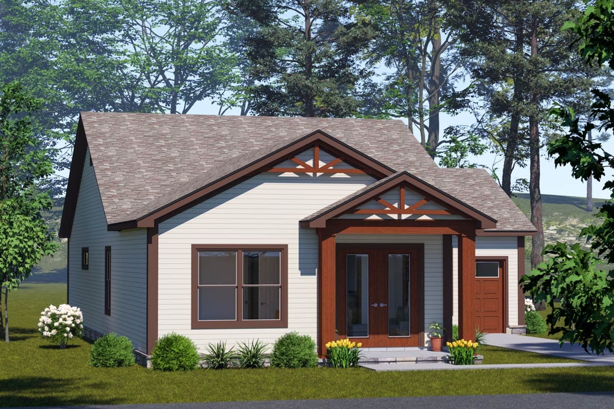 House plan exterior: One-story Modern Farmhouse with covered entry, gable details, and attached garage.