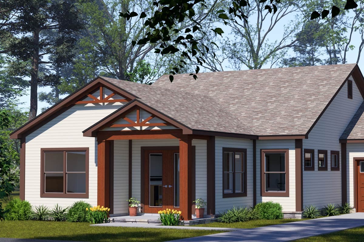House plan exterior: Single-story Modern Farmhouse with covered entry, gables, and wood accents.