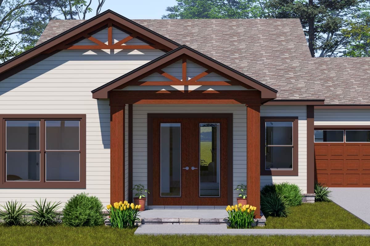 House plan exterior with exposed rafter tails under gables, double front doors, and garage.