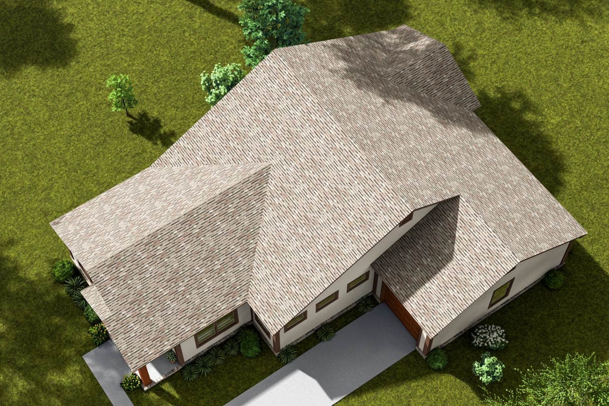 House plan exterior, one story, hip roof, prominent gables, attached garage, and covered front entry.