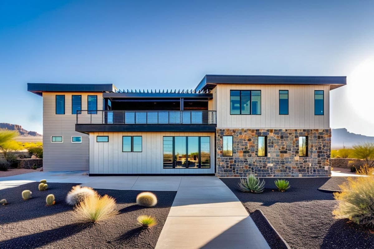 Modern two-story house plan exterior with horizontal siding, stone facade, flat roof, and upper-level balcony.