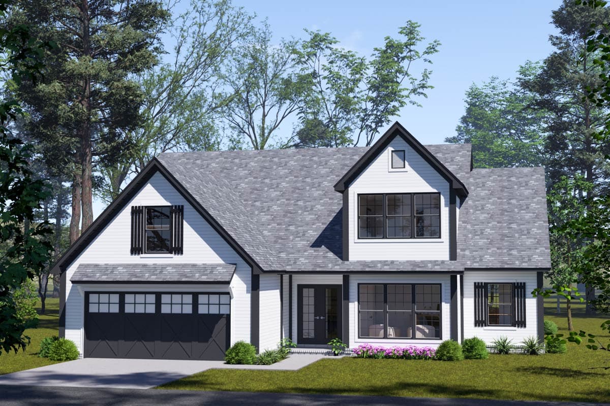 House plan exterior with two stories, a gabled roof, dormers, and a garage. The home is white with black trim and a dark gray roof.