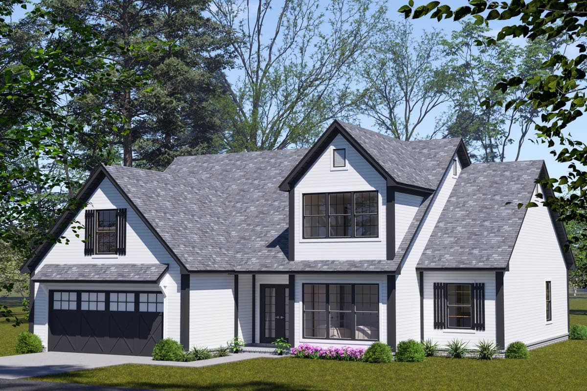 House plan exterior, two stories, white siding, black trim, prominent gables, and a side-entry garage.
