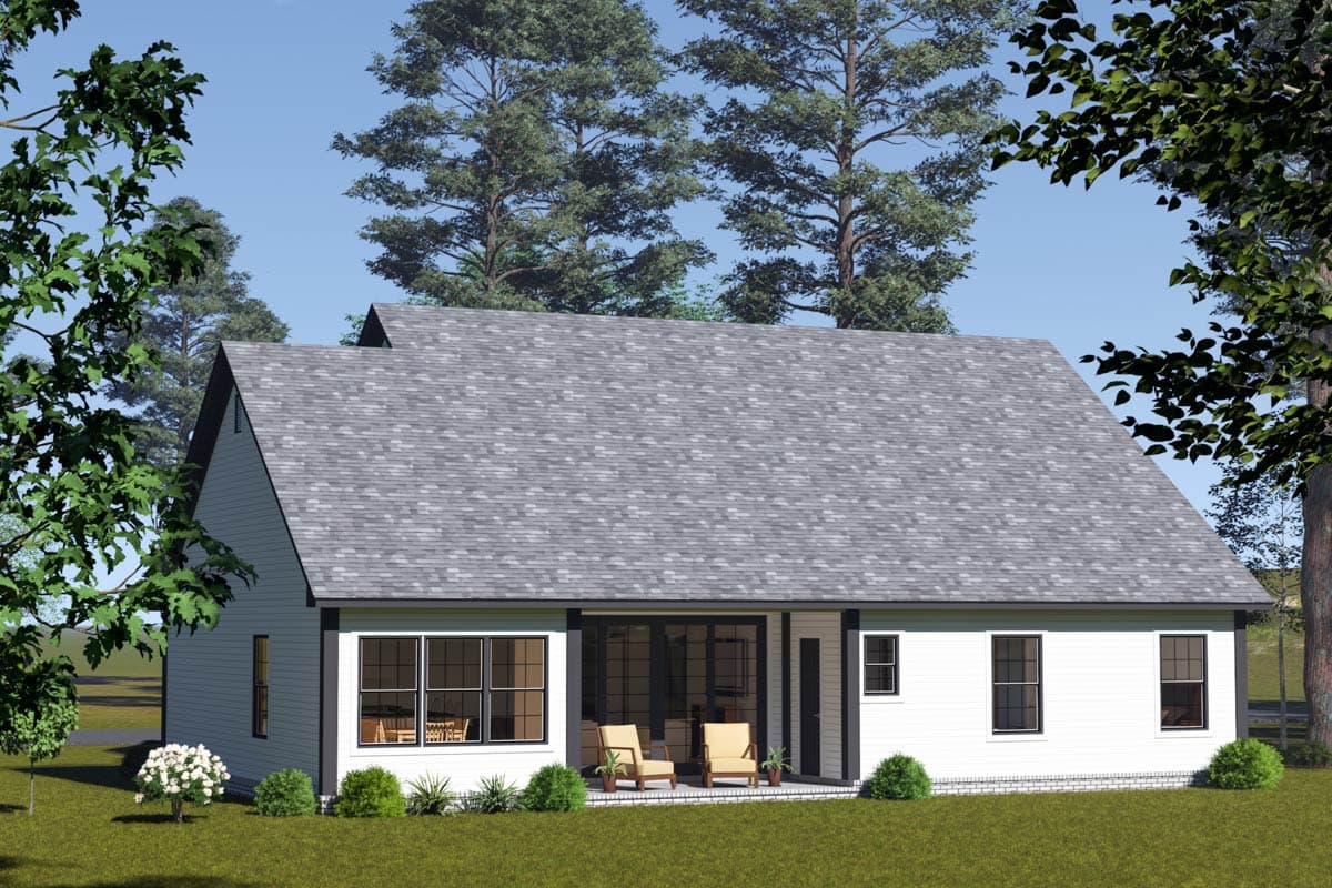 House plan exterior: Modern Farmhouse style, one story, with a gable roof, porch, and large windows.