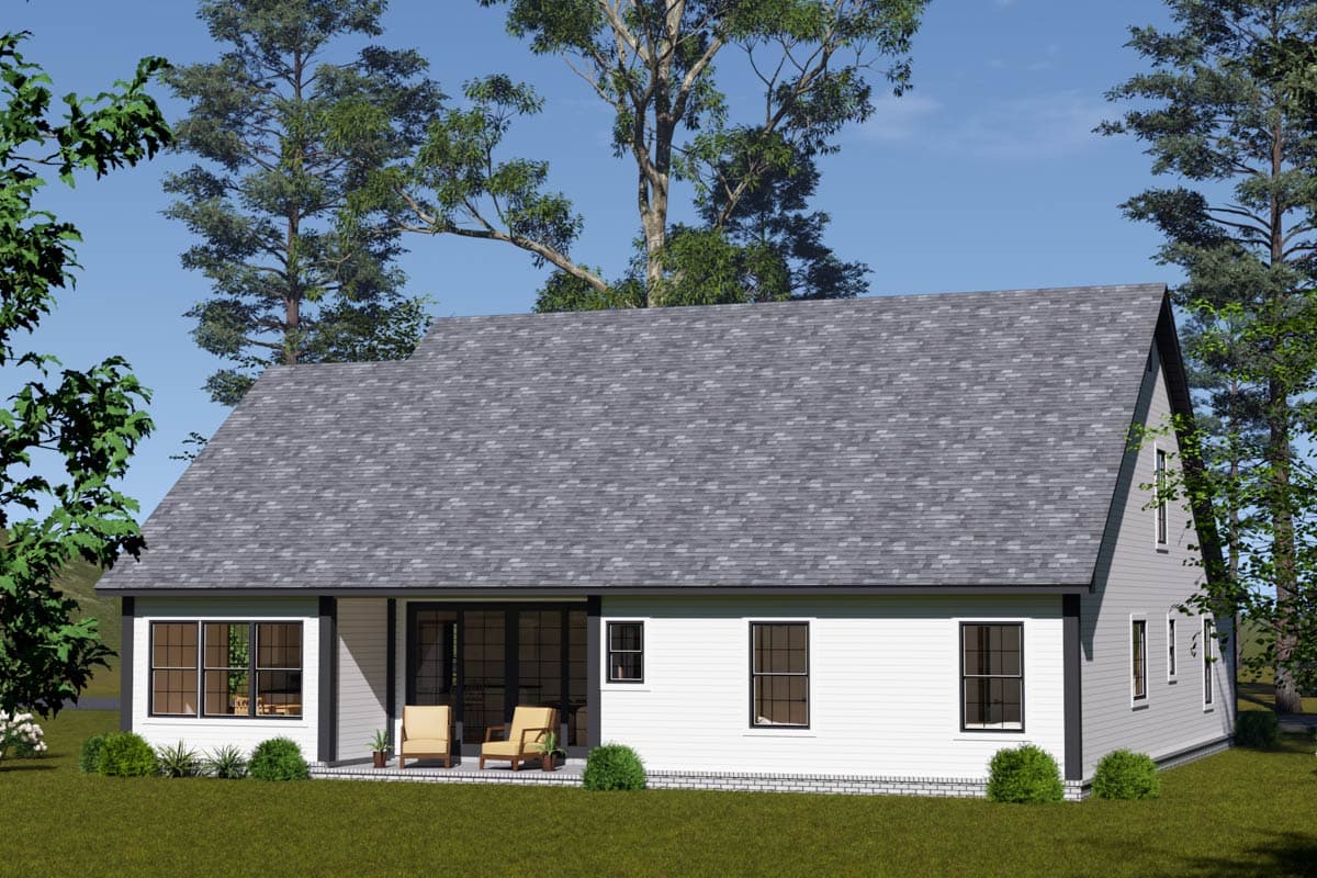 House plan exterior showing a one-story home with a gable roof, large sliding glass doors, and multiple windows.