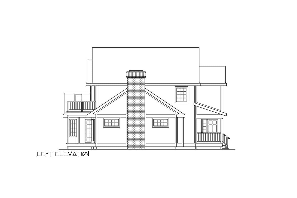 Left elevation drawing of a two-story house featuring a prominent brick chimney, gables, and a covered front porch.