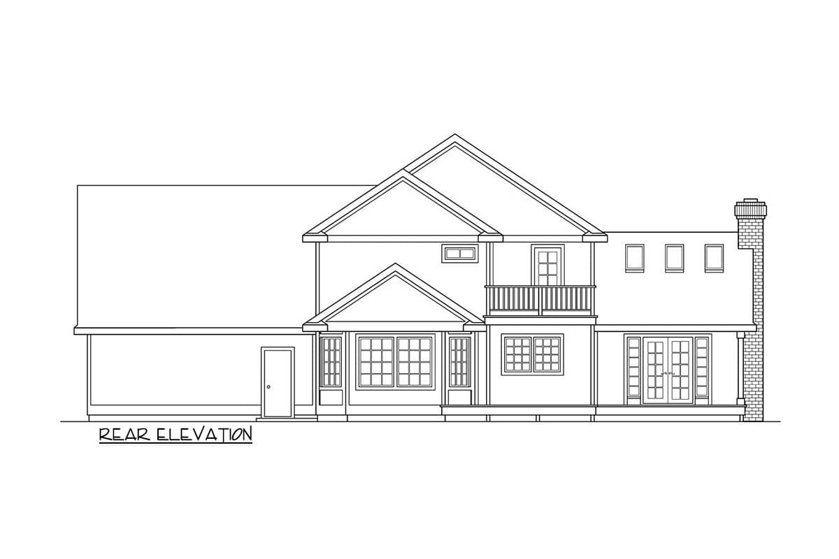 Rear elevation drawing of a two-story house plan with a gabled roof, dormers, balcony, and brick chimney.