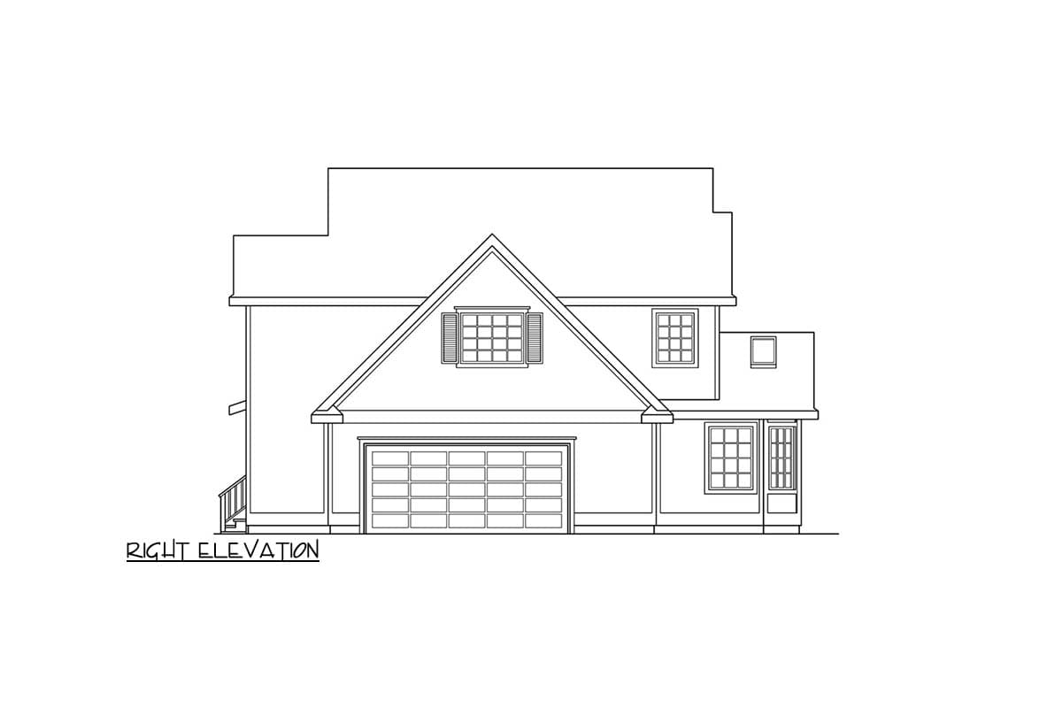 Right elevation drawing of a two-story house with a gable roof, dormer, attached garage, and front porch.
