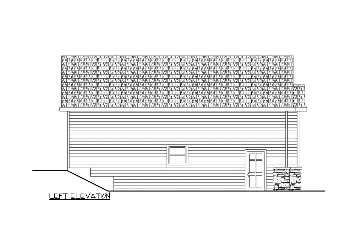 Left elevation drawing of a house plan featuring horizontal siding, a single door, one window, and stone foundation accents.